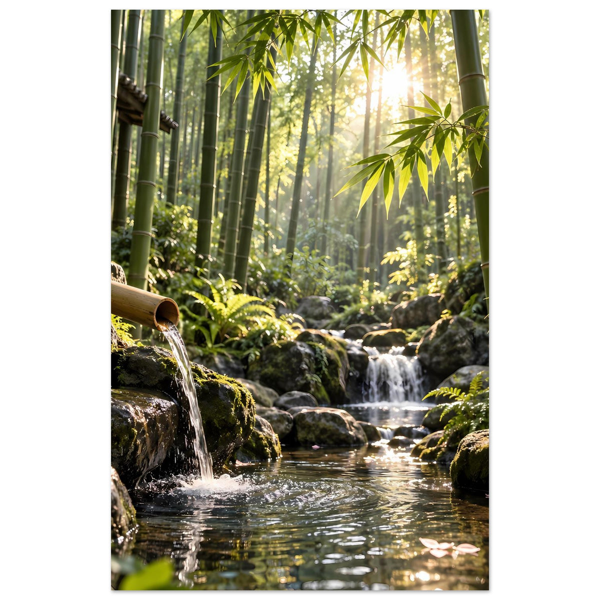 Vertikales Poster mit Wasserfall, Bambusstämme, Moosfelsen und Wasserbecken vorn