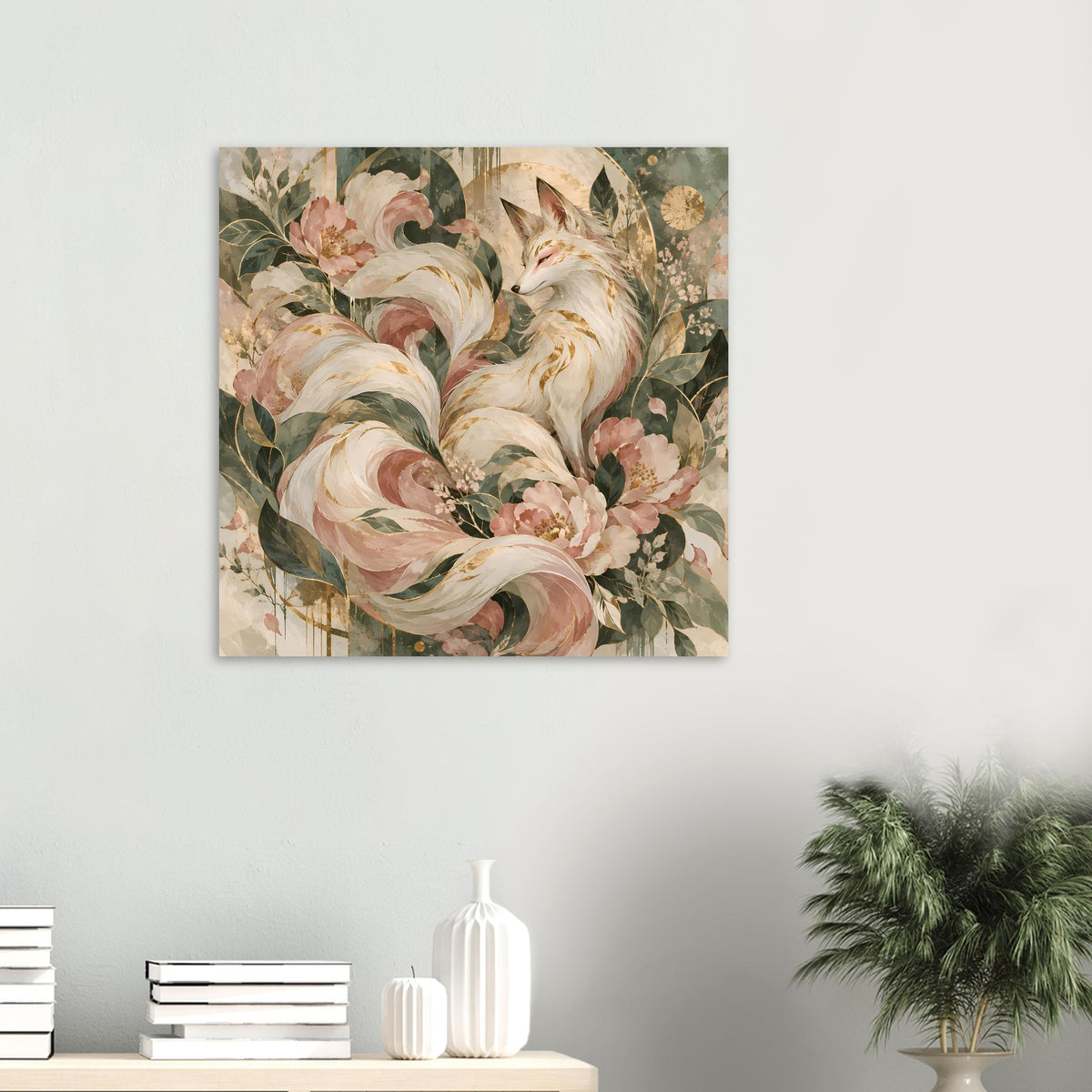 Vertikales Poster mit mystischem Fuchsmotiv in Rosé-, Grün- und Goldtönen