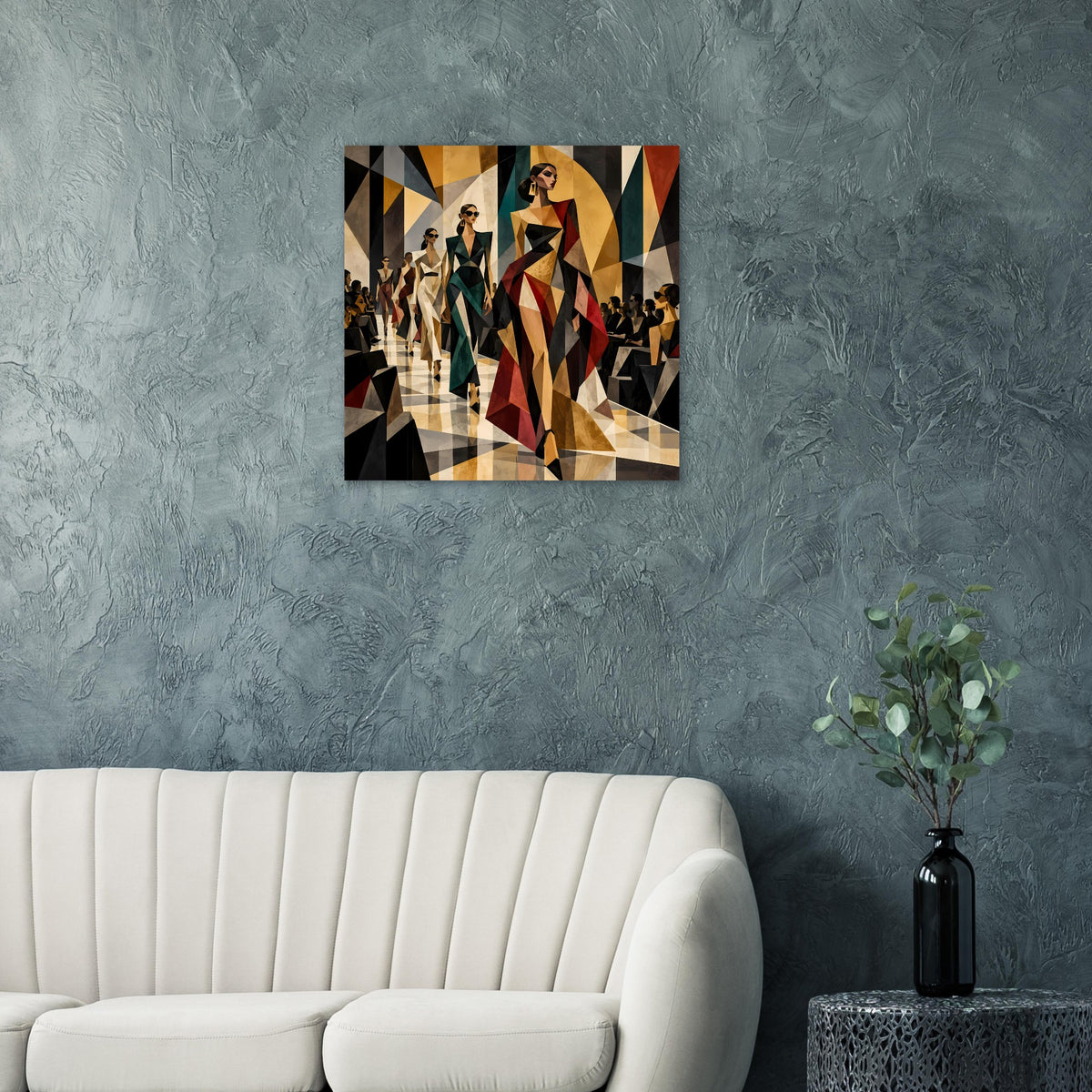 Quadratisches Poster mit schwarzem Rahmen: geometrischer Mode-Laufsteg mit Figuren in Schwarz, Gold, Rot