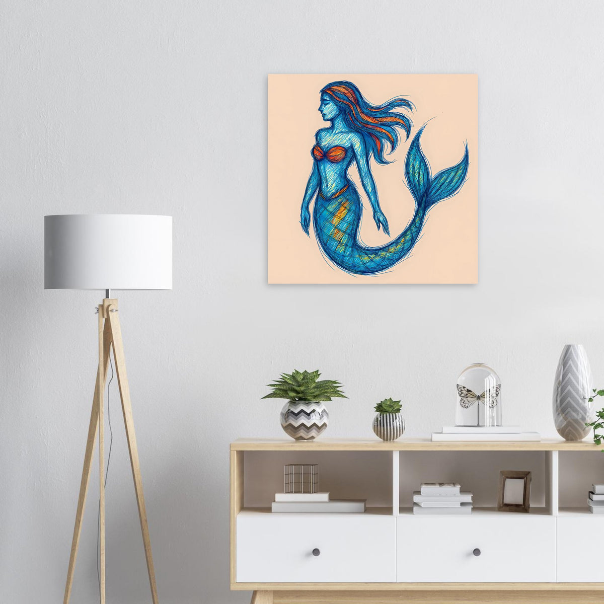 Gerahmtes Kunstposter mit Meerjungfrau in Blau und Türkis auf beigem Hintergrund