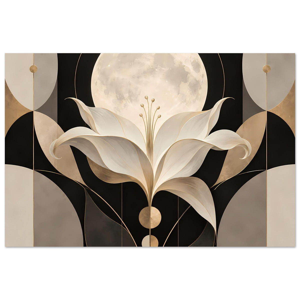 Art-déco-Poster mit cremefarbener Lilie und Mond in Goldschwarz