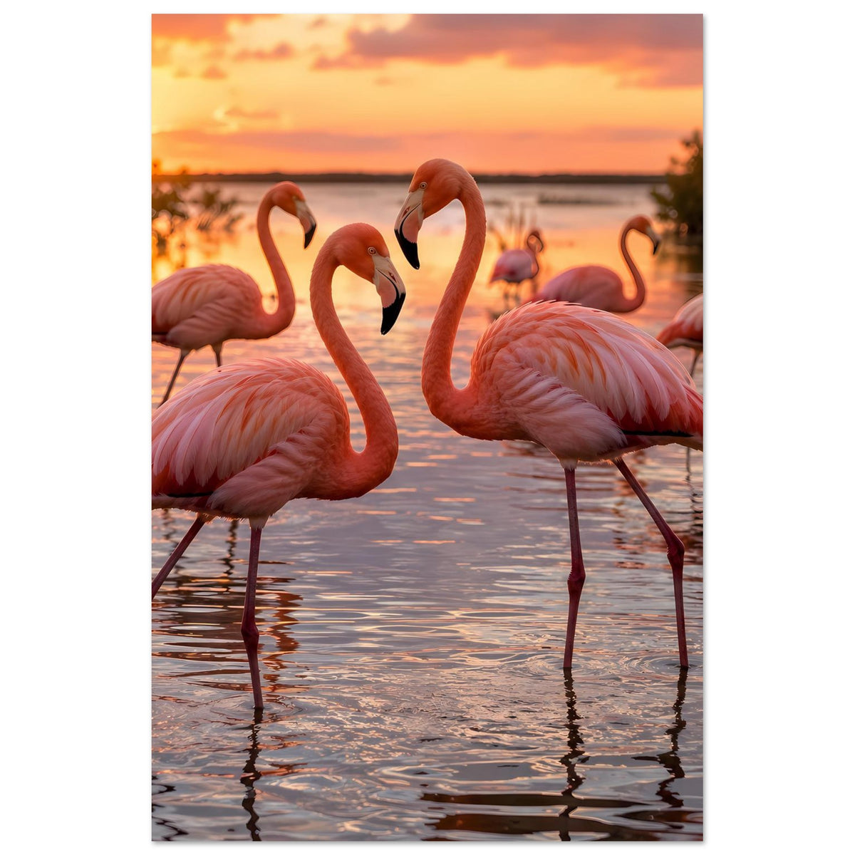 Flamingo-Poster im Hochformat: rosa Flamingos am See mit Spiegelungen