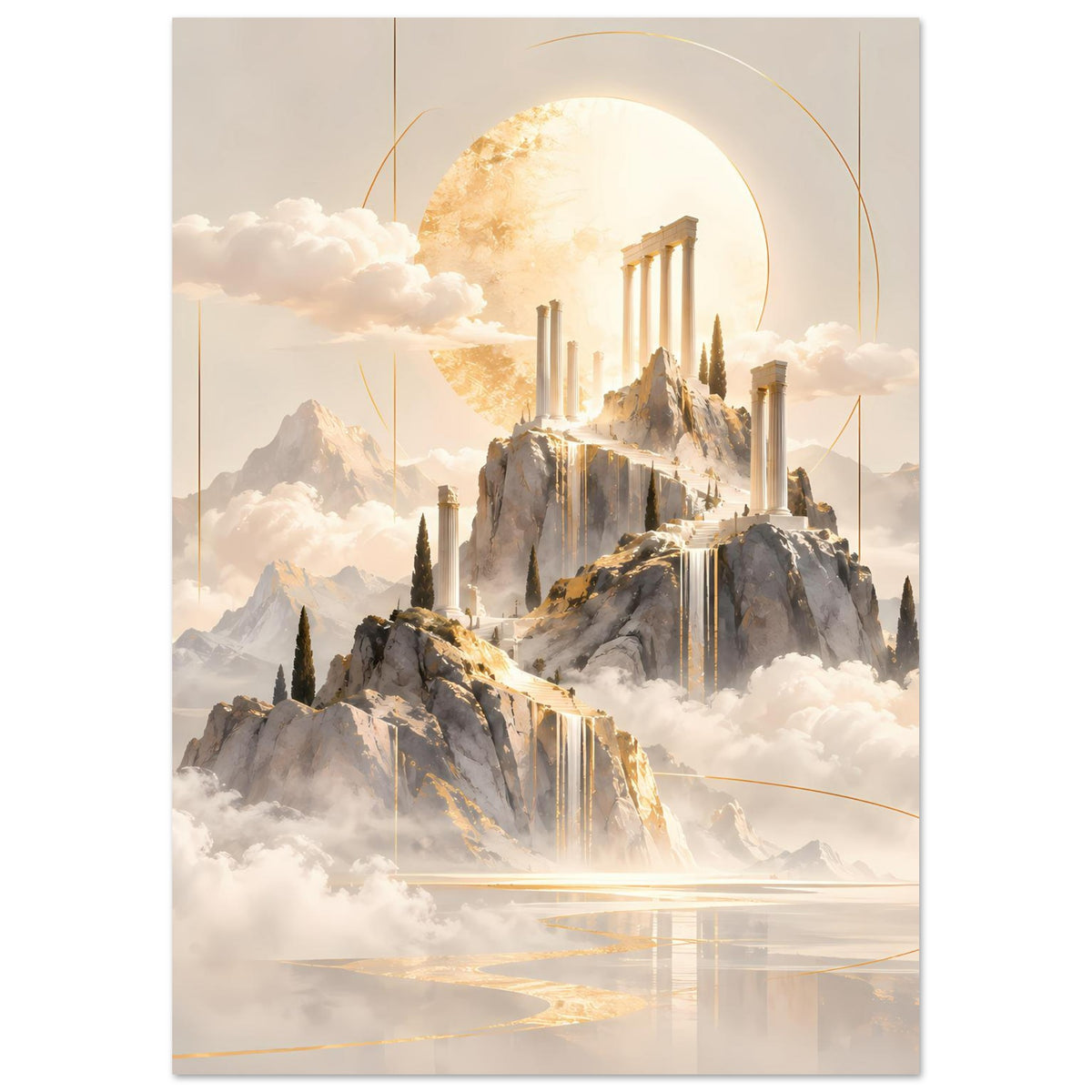 Hochformatiges Poster mit Tempelsäulen auf Berg, goldene Sonne und geschwungene Ornamentlinien