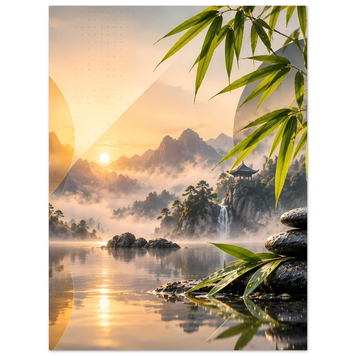 Poster mit Zen-Bergsee, Bambuszweigen, gestapelten Steinen und Sonnenaufgang-Motiv
