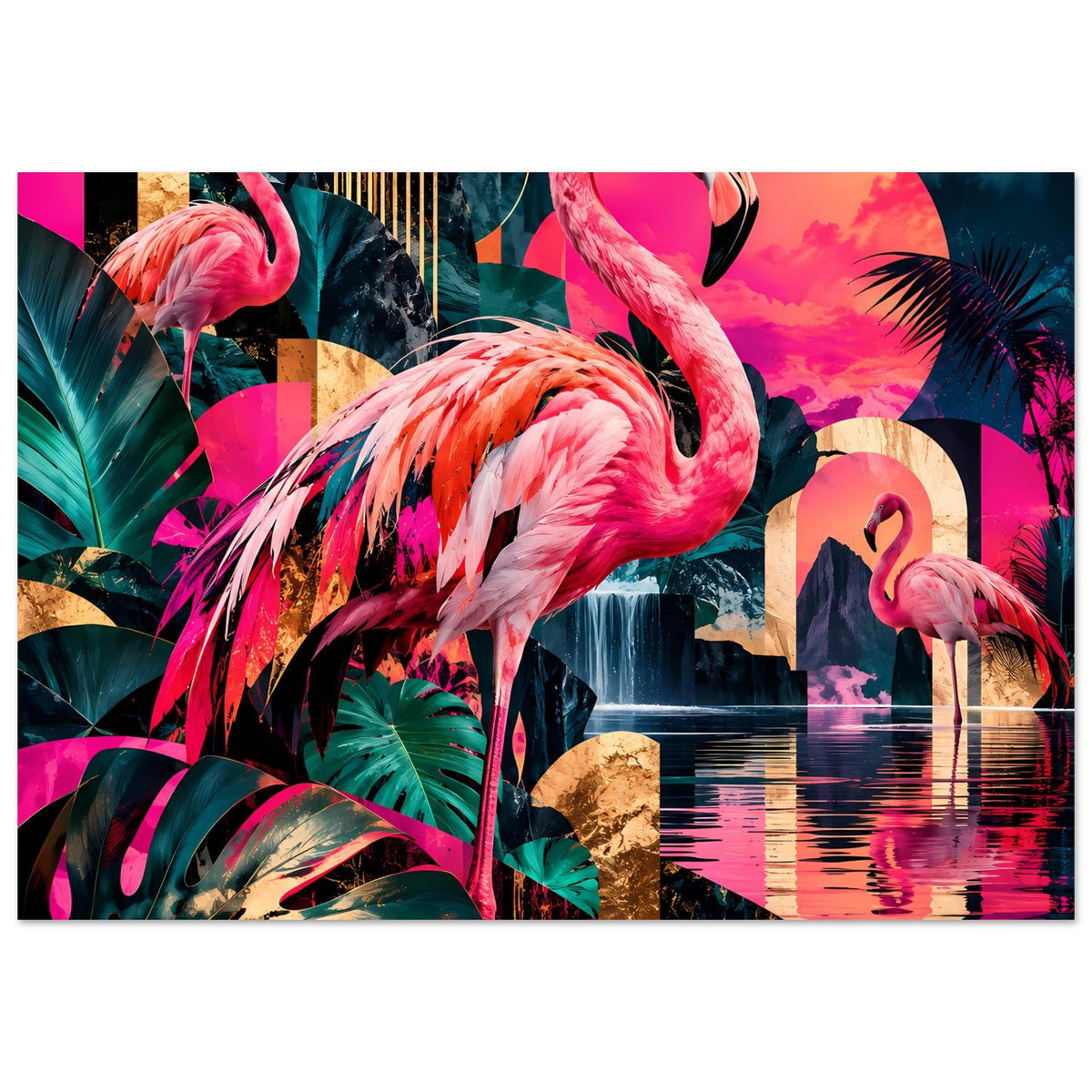 Poster mit drei Flamingos und tropischen Blättern in Pink, Grün und Gold auf Rückkehrspiegelung