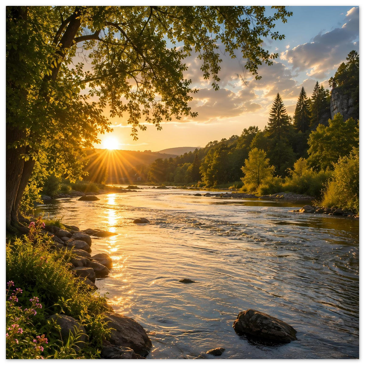 Naturposter: Flusslandschaft bei Sonnenaufgang mit goldenen Spiegelungen und Baumzweigen
