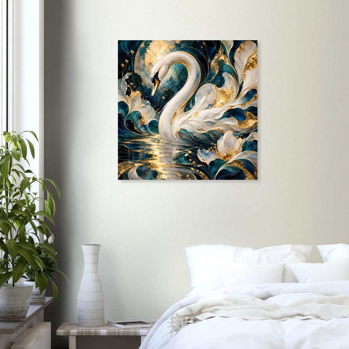 Quadratisches Wandposter mit weißem Schwan über goldenen Wellen in Türkis und Blau