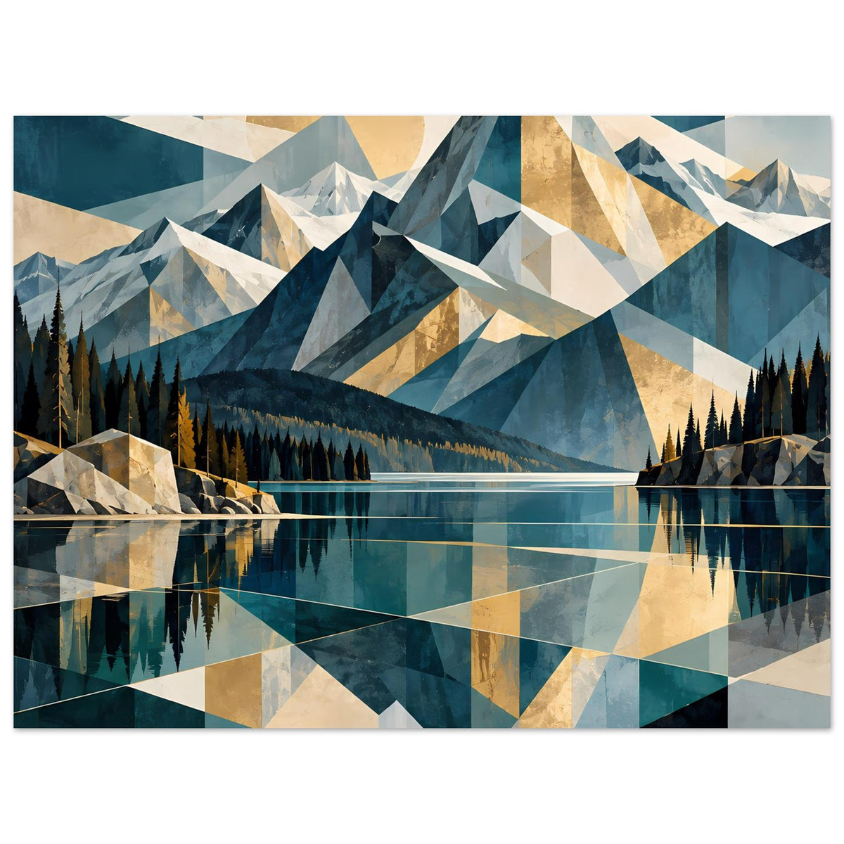 Horizontaler Wanddruck mit geometrischen Bergen, Tannenwald, ruhigem See und Spiegelbild