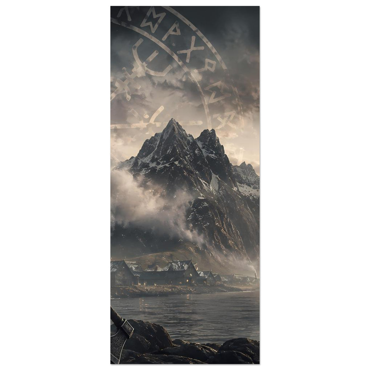 Poster, vertikal: Runenkreis über Berggipfeln und Fjord mit kleiner Siedlung