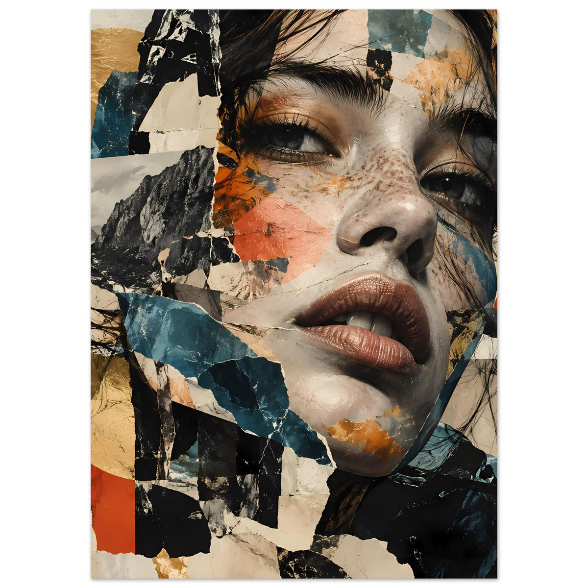 Abstraktes Collage-Porträtposter, Gesicht im Fokus, Terrakotta- und Blauelemente, Hochformat.
