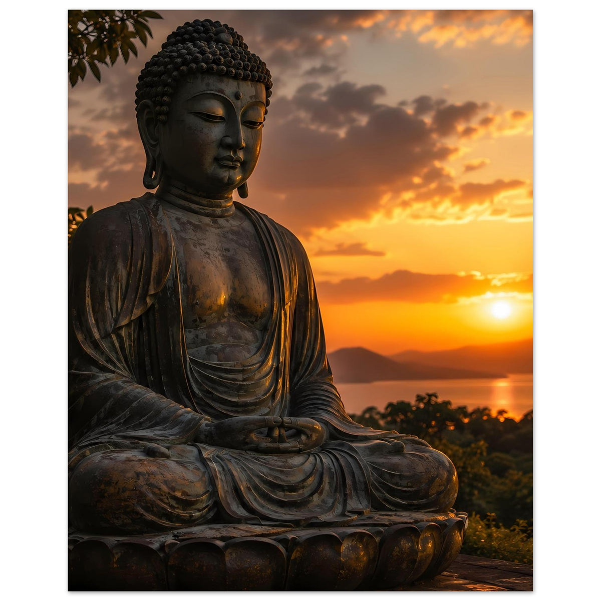 Poster mit sitzender dunkelgrauer Buddha-Statue in Meditationshaltung, Hände im Schoß