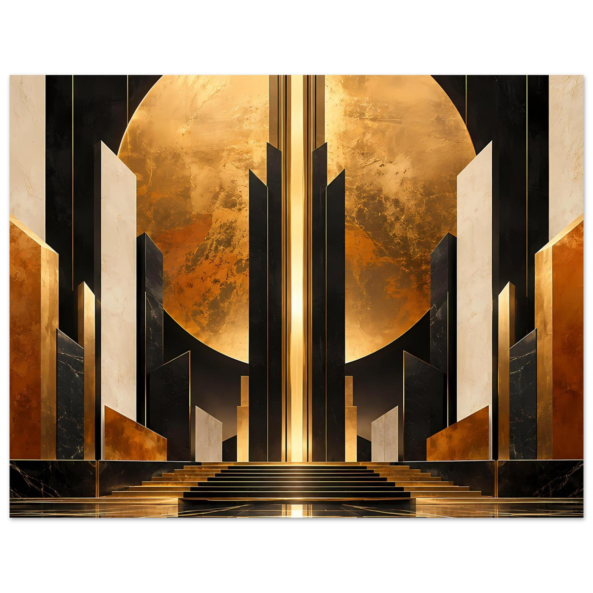 Art-Deco-Poster mit goldener Säule, Halbbogen und Treppen in Schwarz und Gold