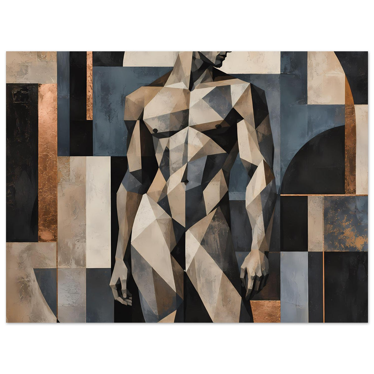 Kunstposter mit geometrischer Aktfigur: Frau mit angewinkeltem Arm, Beige und dunkles Grau