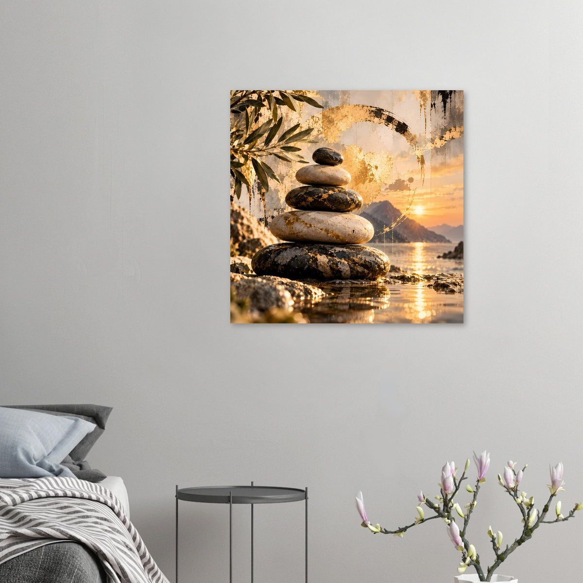Quadratisches Poster mit Steinstapel, gold-orangefarbenem Sonnenuntergang und Wasserreflexen