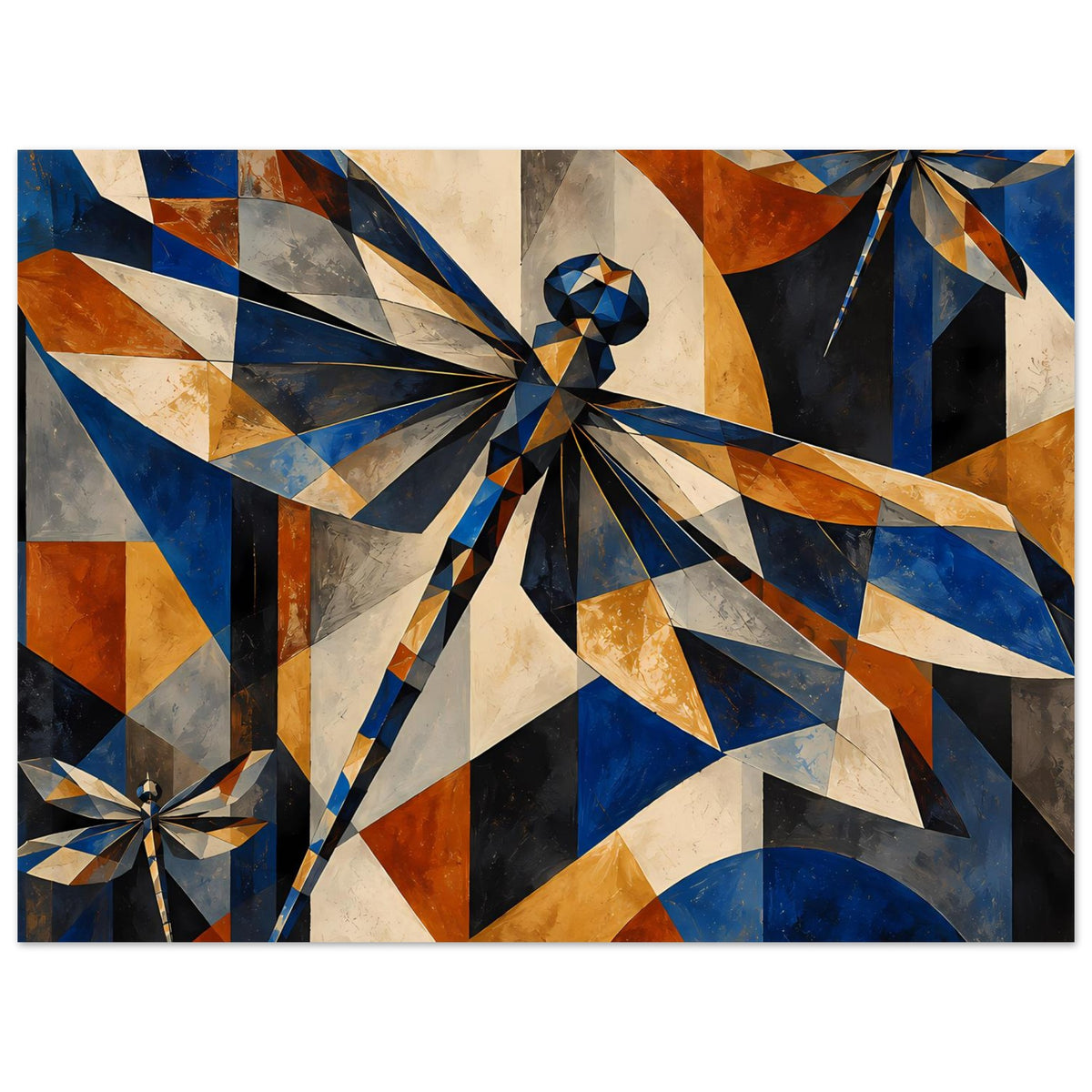 Breites Kunstposter mit geometrischer Libelle im Fokus, Flügel in Blau, Kupfer und Creme.