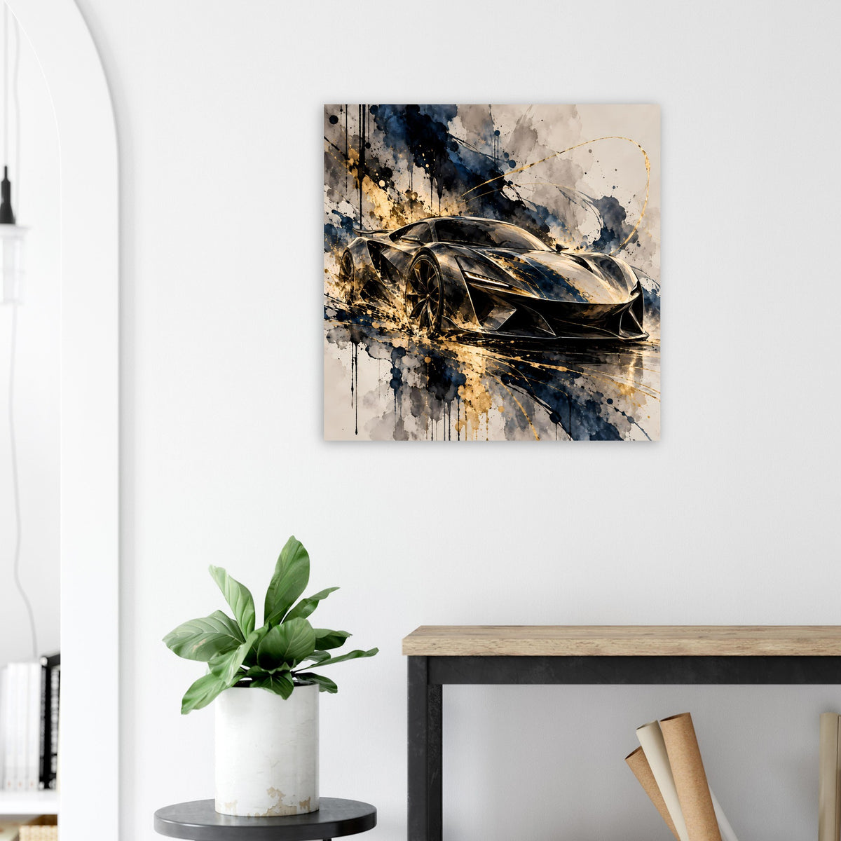 Poster mit abstraktem schwarzen Supersportwagen und goldenen Akzenten