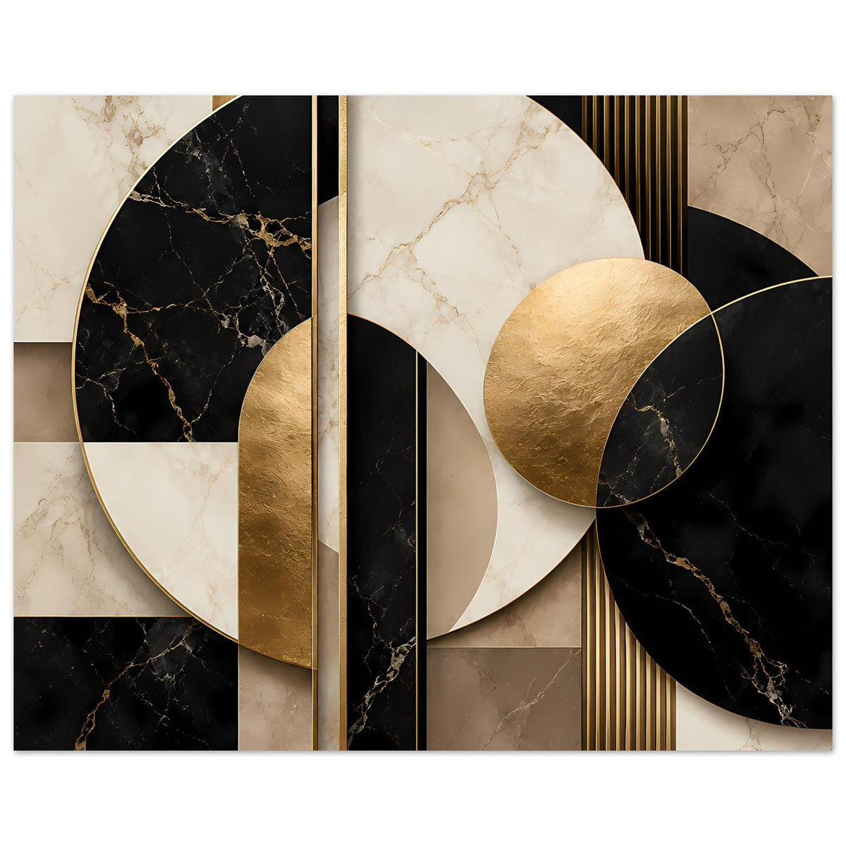 Geometrisches Marmor-Gold-Poster mit goldener Halbkreisform, schwarz-weißem Marmor und Linienraster
