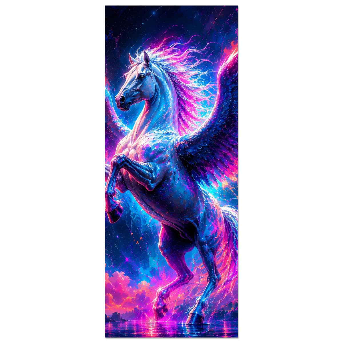 Vertikales Leuchtendes Pegasus-Poster mit blauer Pegasusfigur und leuchtenden Flügeln