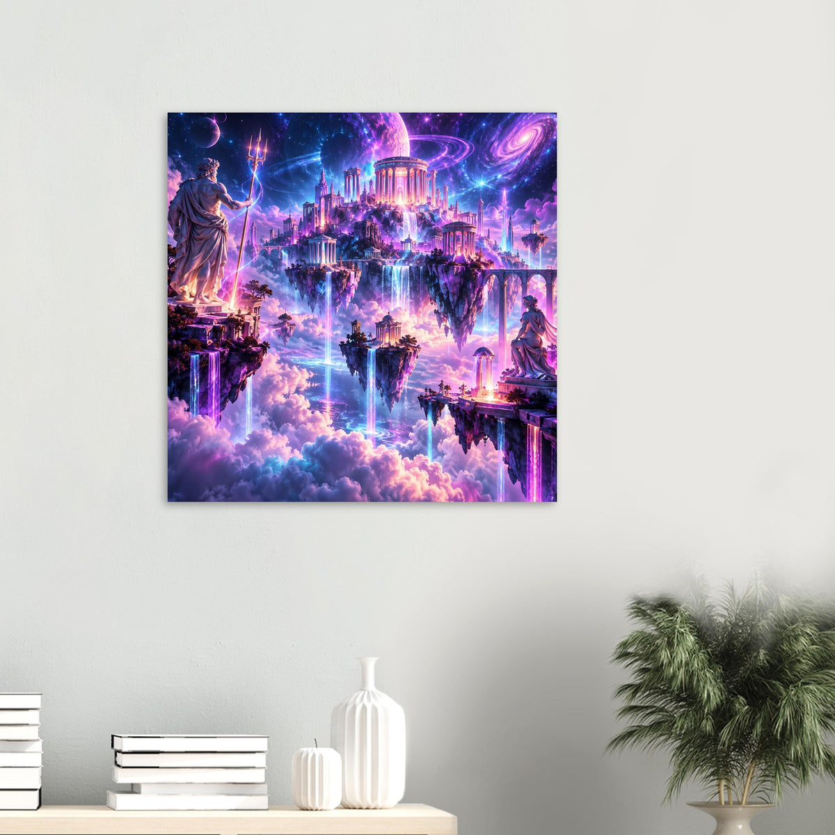 Fantasy-Poster im Quadratformat mit schwebenden Inseln, Tempeln und Wasserfällen, lila-blau