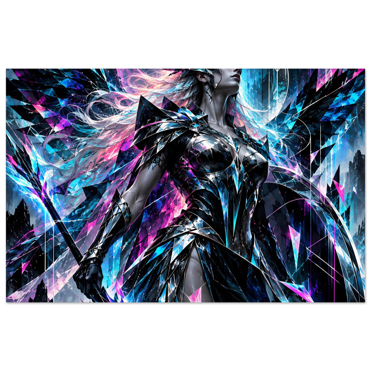Poster mit futuristischer Valkyrie-Figur in Neon-Blau und Pink auf mattem Premium-Papier