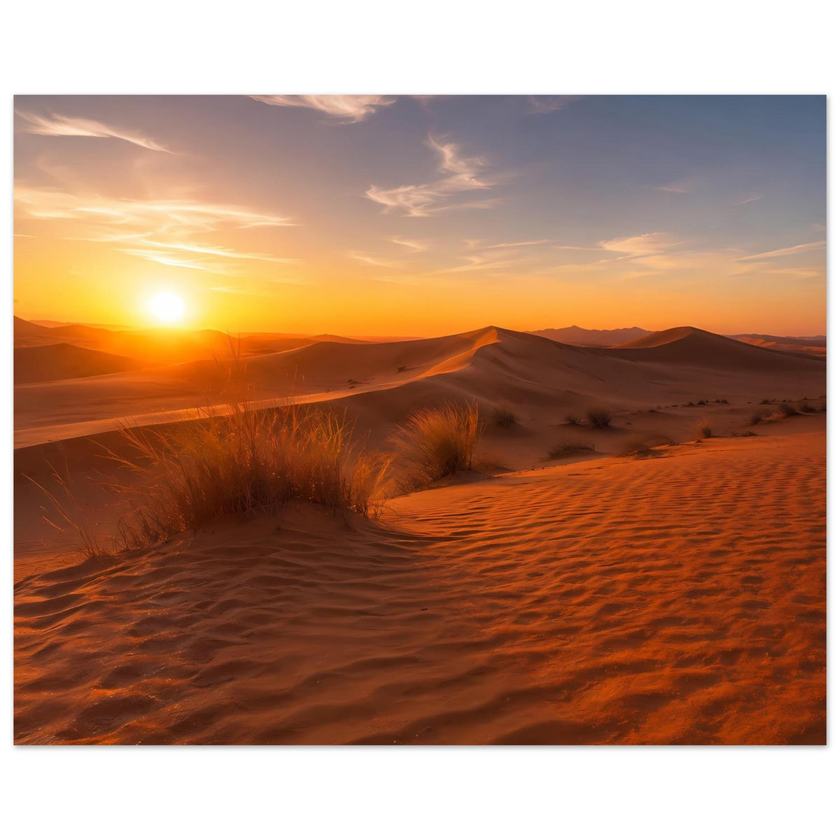 Poster mit Sonnenuntergang über Dünen, orangegelbe Sonne und weitläufige Sandlandschaft