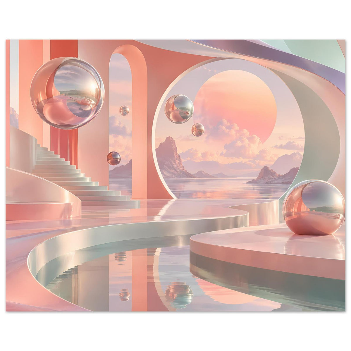 Pastell-Landschaftsposter mit reflektierenden Kugeln, Treppe, rundem Fenster und Spiegelung im Becken