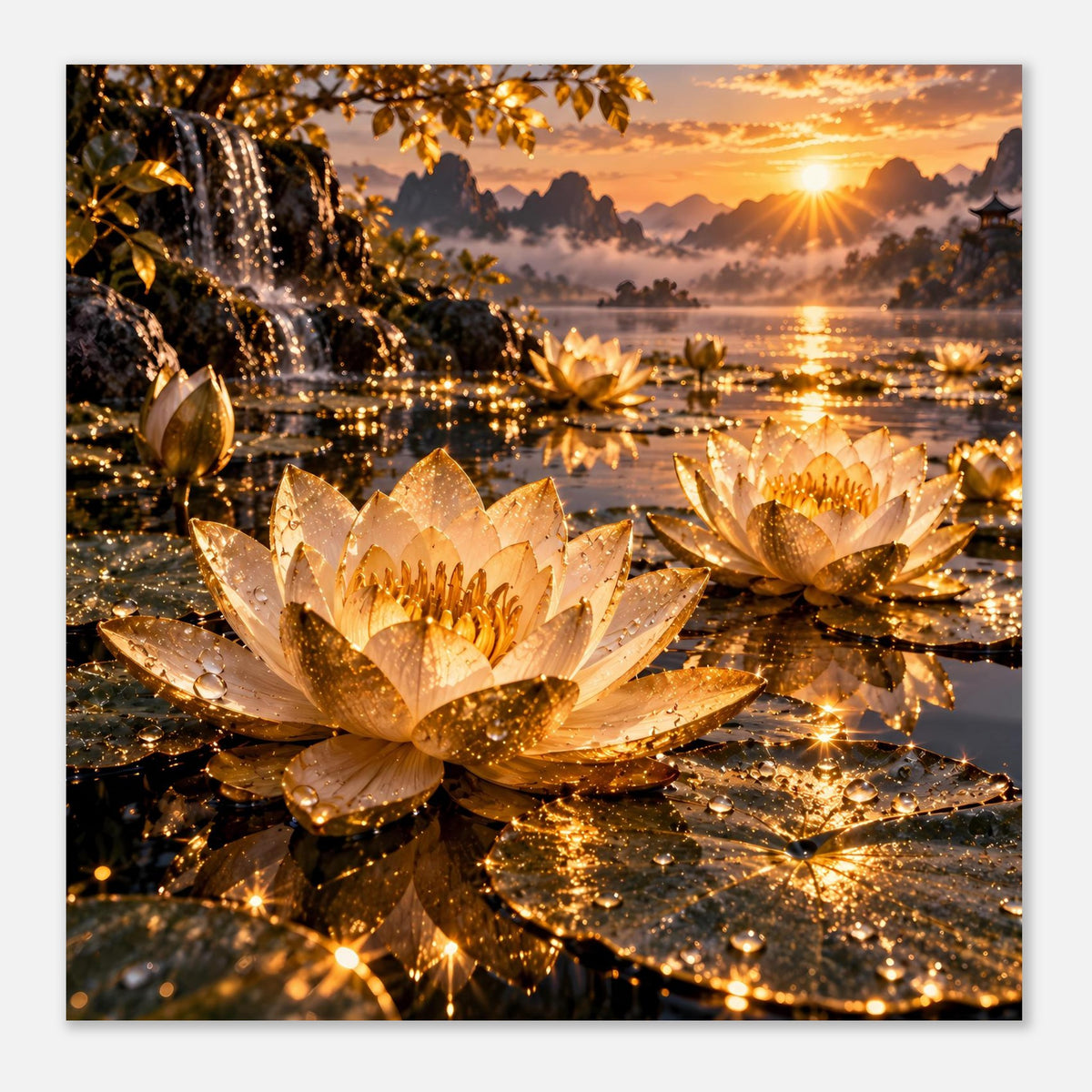 Poster: goldene Lotusblüten mit Goldglitzer und warmem Sonnenuntergang über dem See
