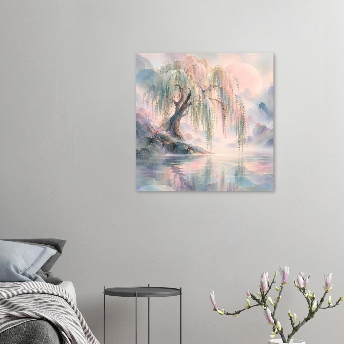 Naturposter im Querformat mit Trauerweide am See, hängende Äste, Pastellfarben