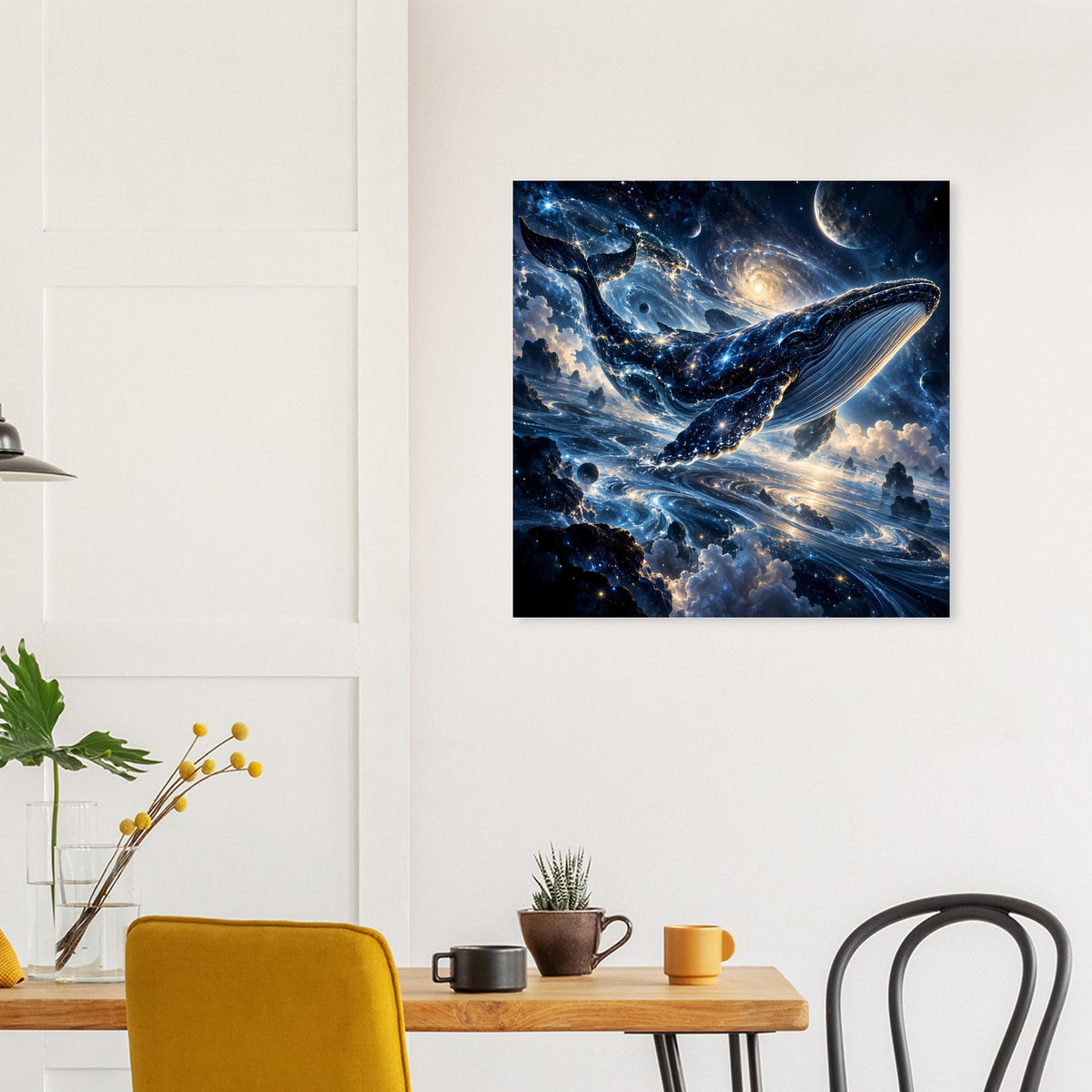 Poster mit kosmischem Wal über Sternenwolken, dunkle Blautöne und goldene Lichtpunkte
