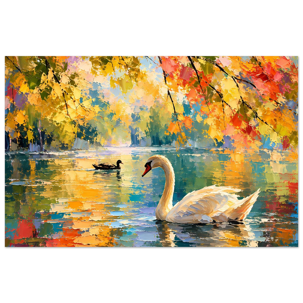 Herbstliches Schwanen-Poster mit zwei Schwänen auf einem bunten See und bunten Blättern