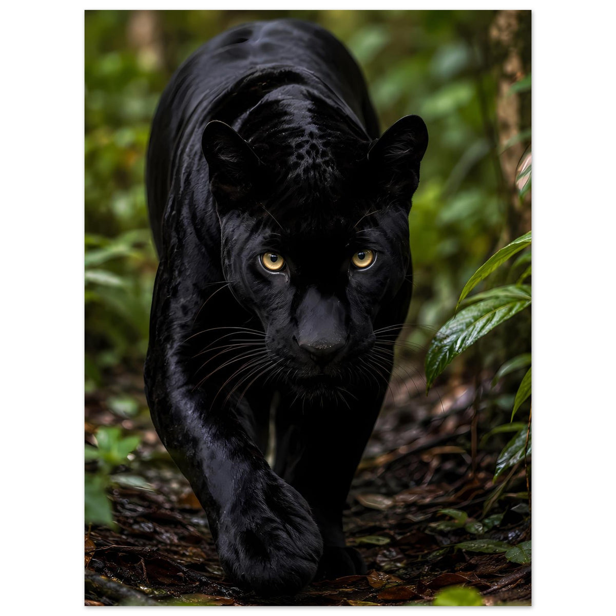Poster mit schwarzem Panther, gelbe Augen, Vorderpfote vorn, natürlicher Lebensraum
