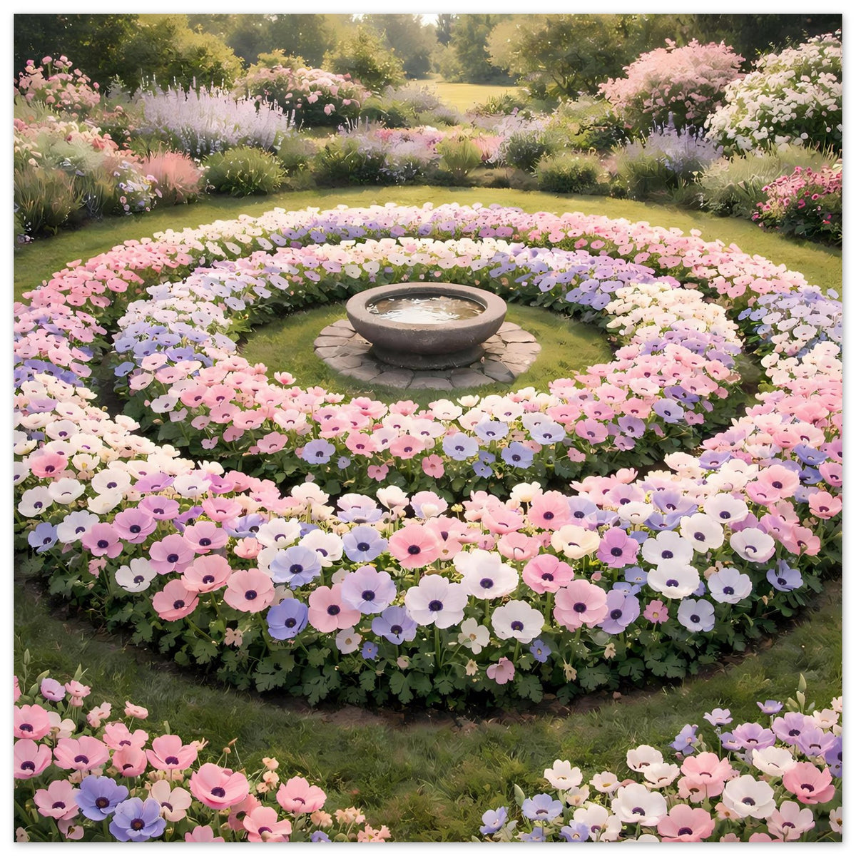 Poster mit pastellfarbenem Blumengarten: rundes Blumenbeet mit Stein-Schale und bunten Blüten