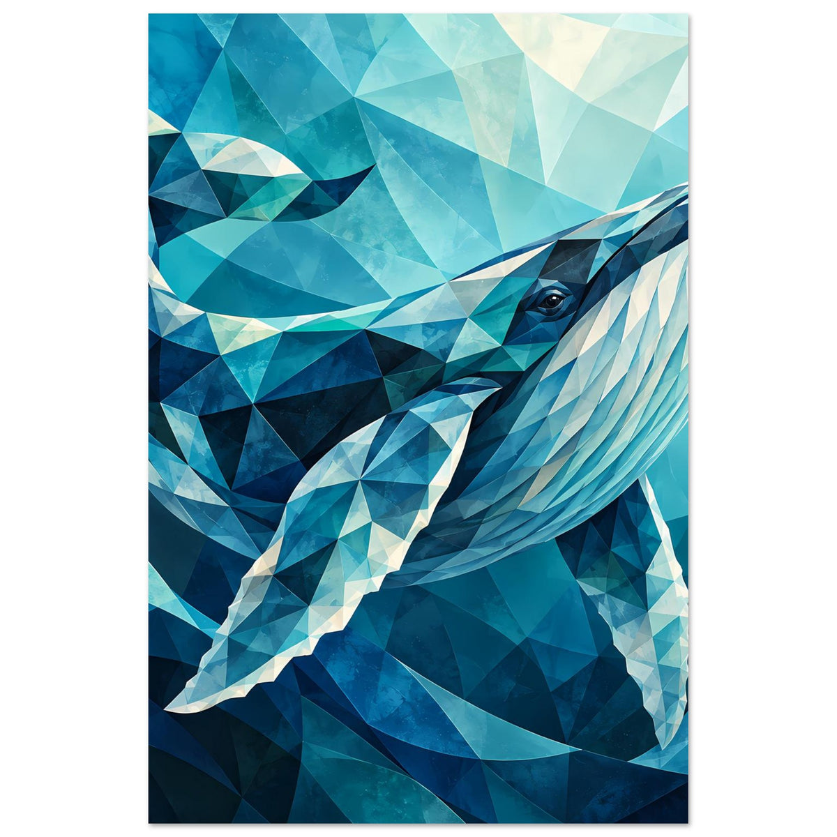 Geometrisches Blauwal-Poster mit facettiertem Blau-Aquamarin-Design, Wal mit Auge.