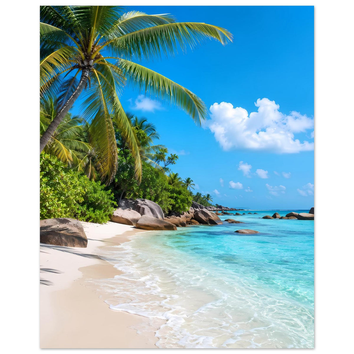 Strandposter im Hochformat: Palme, türkisblaues Meer, weißer Sand und Felsen am Ufer