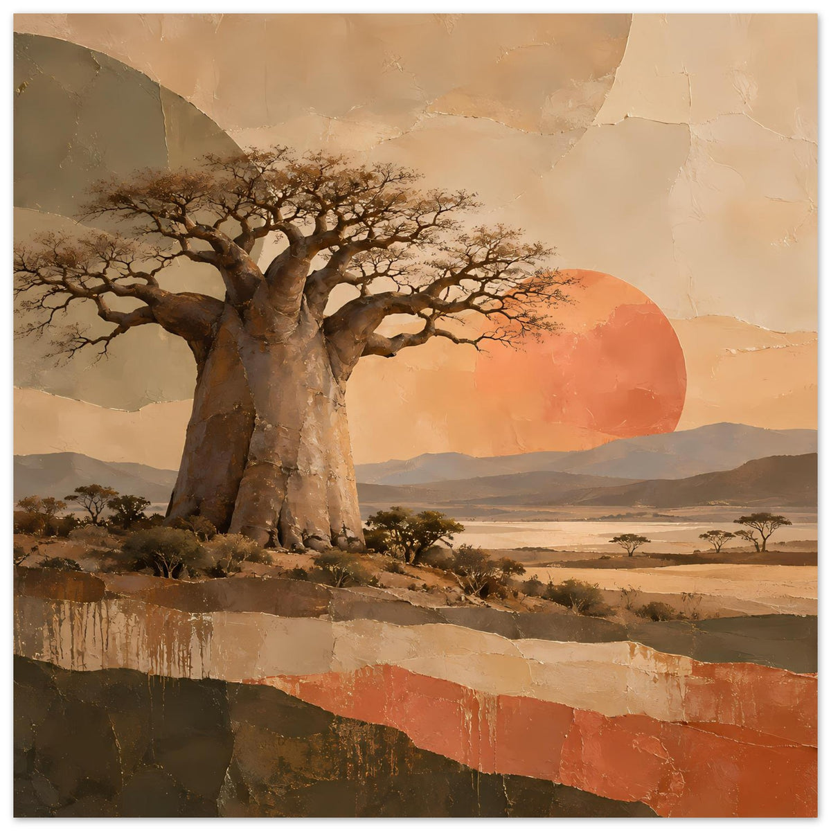 Naturposter: Baobab-Baum vor tiefem Sonnenkreis, Berge und Savannenlandschaft