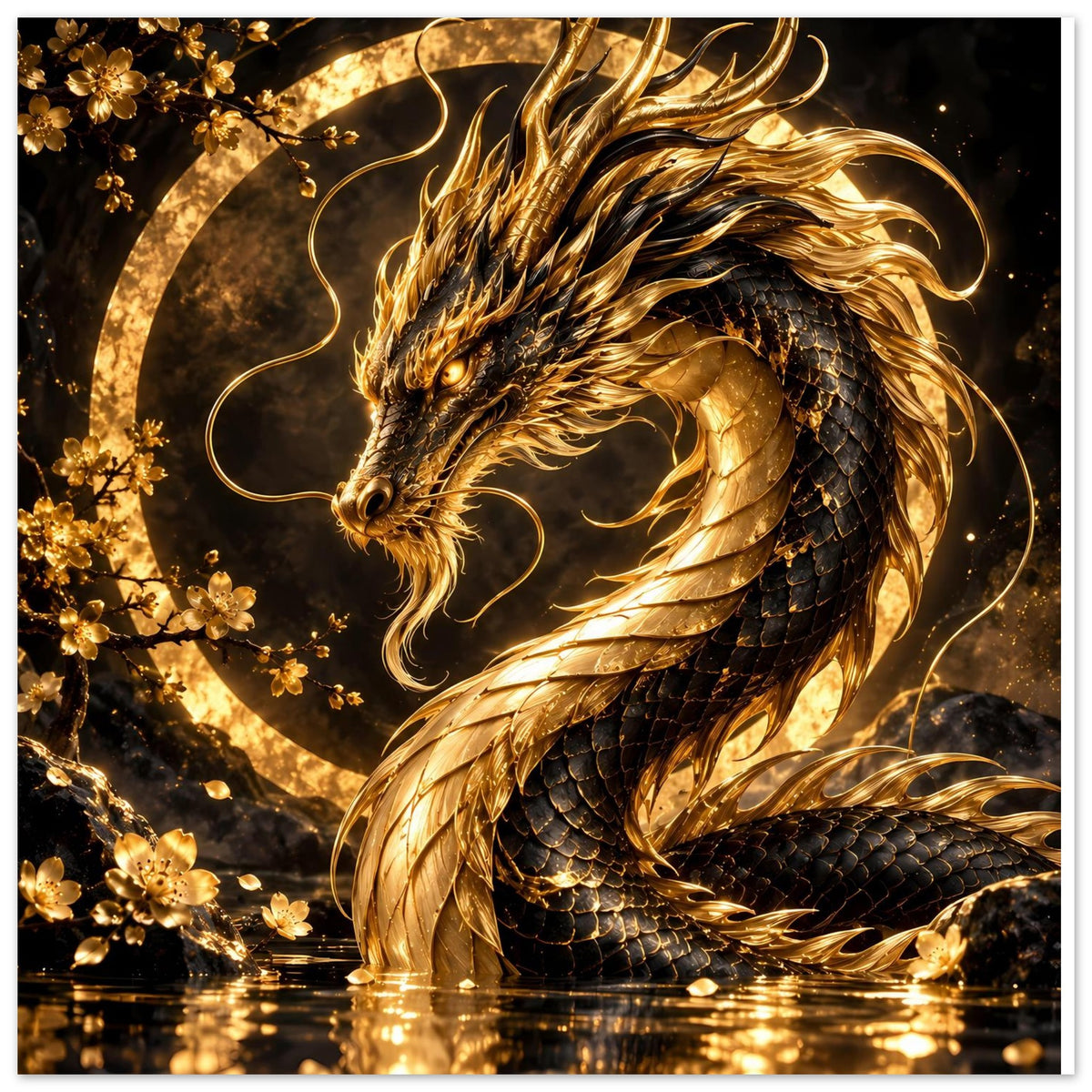 Drachenposter mit goldenem Drachen im Blütenkreis, voller Körper und leuchtende Schuppen