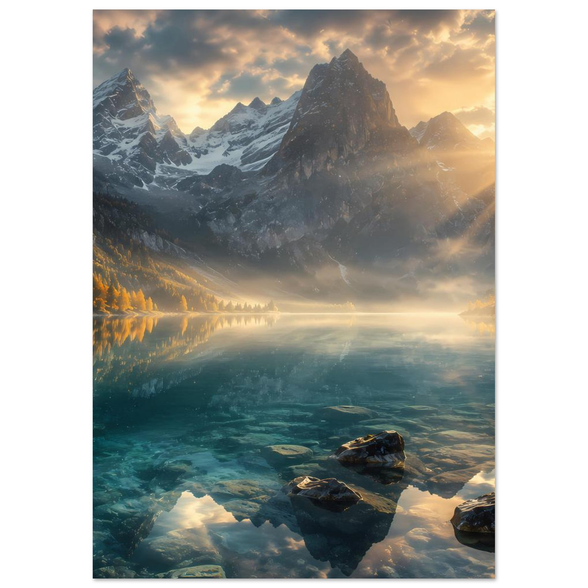 Landschaftsposter mit Bergsee, verschneiten Gipfeln, goldenem Himmel und Felsen unten