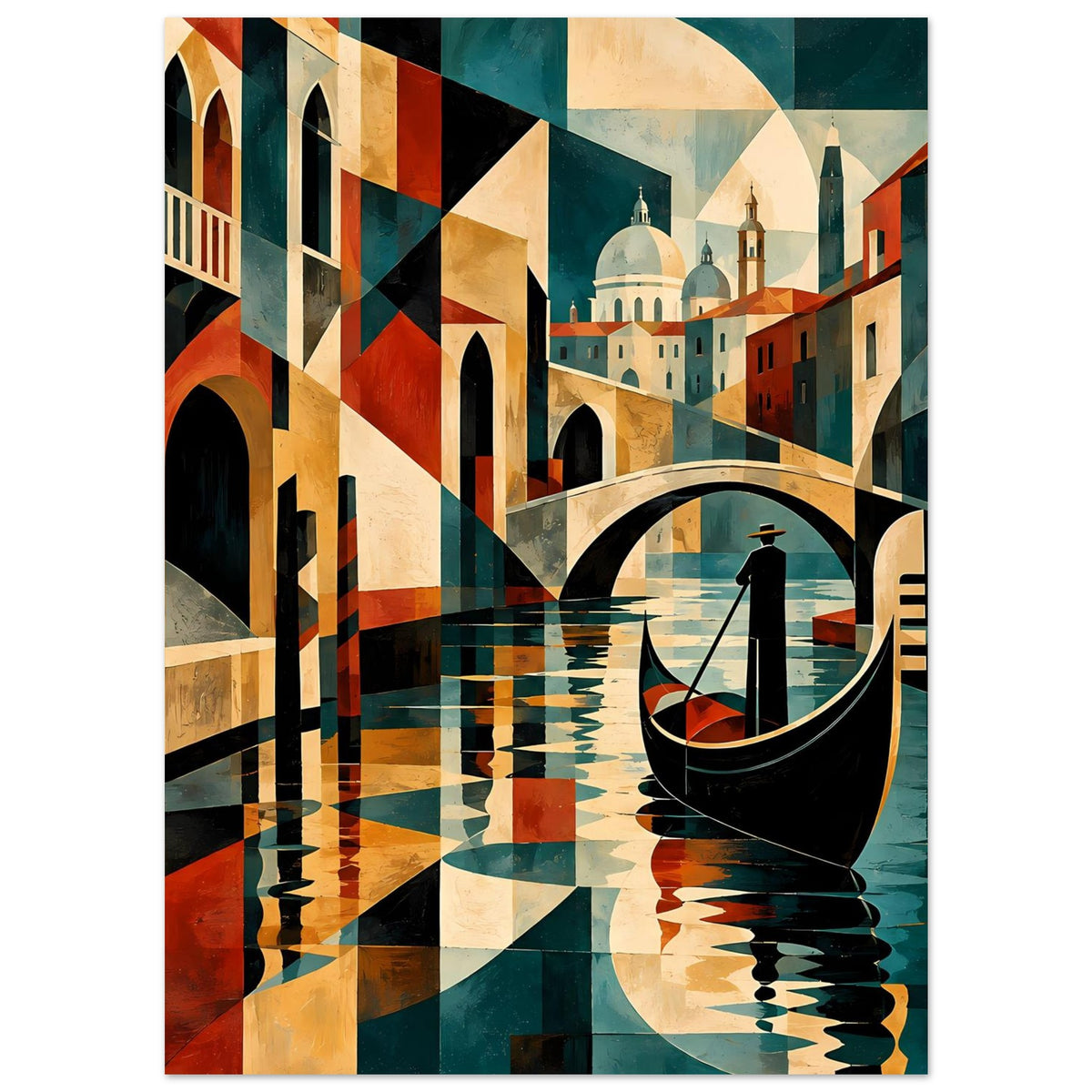 Poster mit abstraktem Venedig-Motiv: Gondel auf dem Kanal, bunte Gebäude und Bogenbrücke.