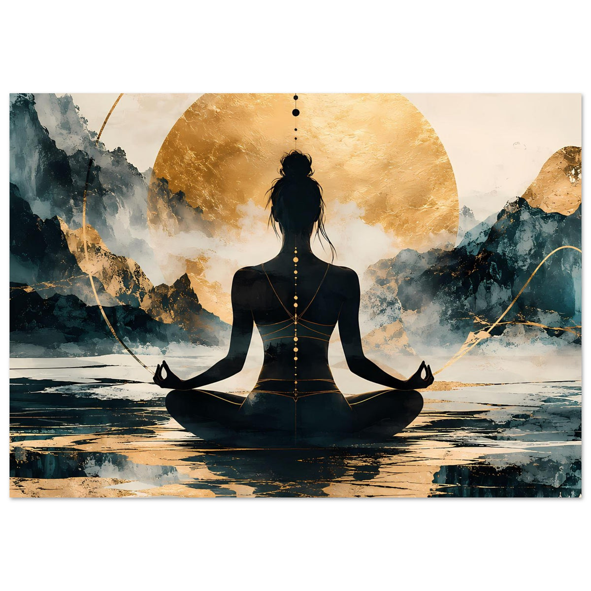 Hochkant-Poster mit Meditations-Silhouette in Schwarz, goldener Sonne und Landschaft