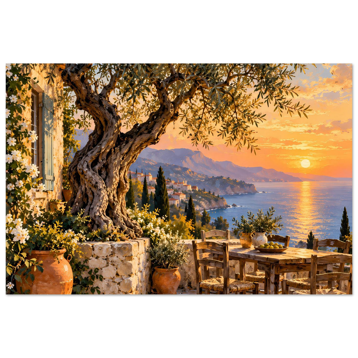 Mediterranes Sonnenuntergang-Poster mit Olivenbaum, Steinmauer und gedecktem Tisch