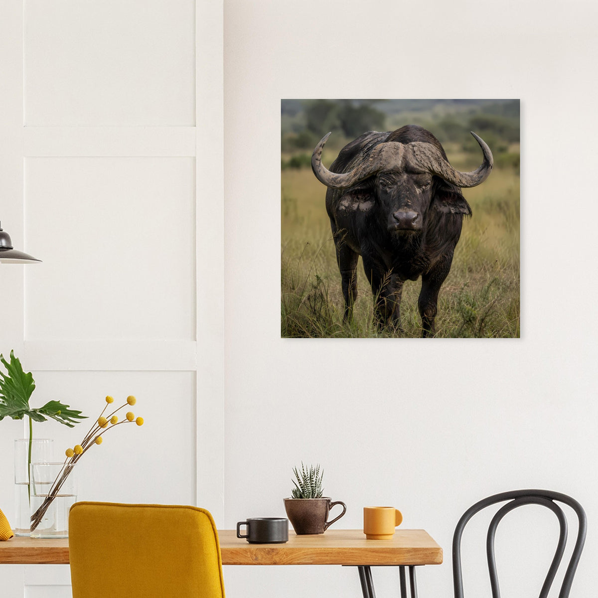 Poster mit schwarzem Büffel in der Savanne, Hörner nach außen