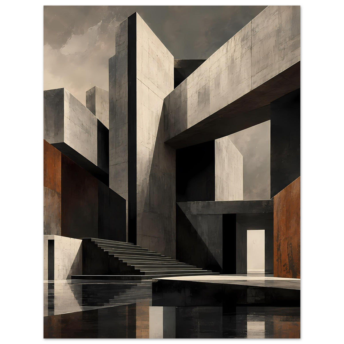 Architekturposter mit Treppenlauf und blockartigen Betonflächen in neutralen Tönen