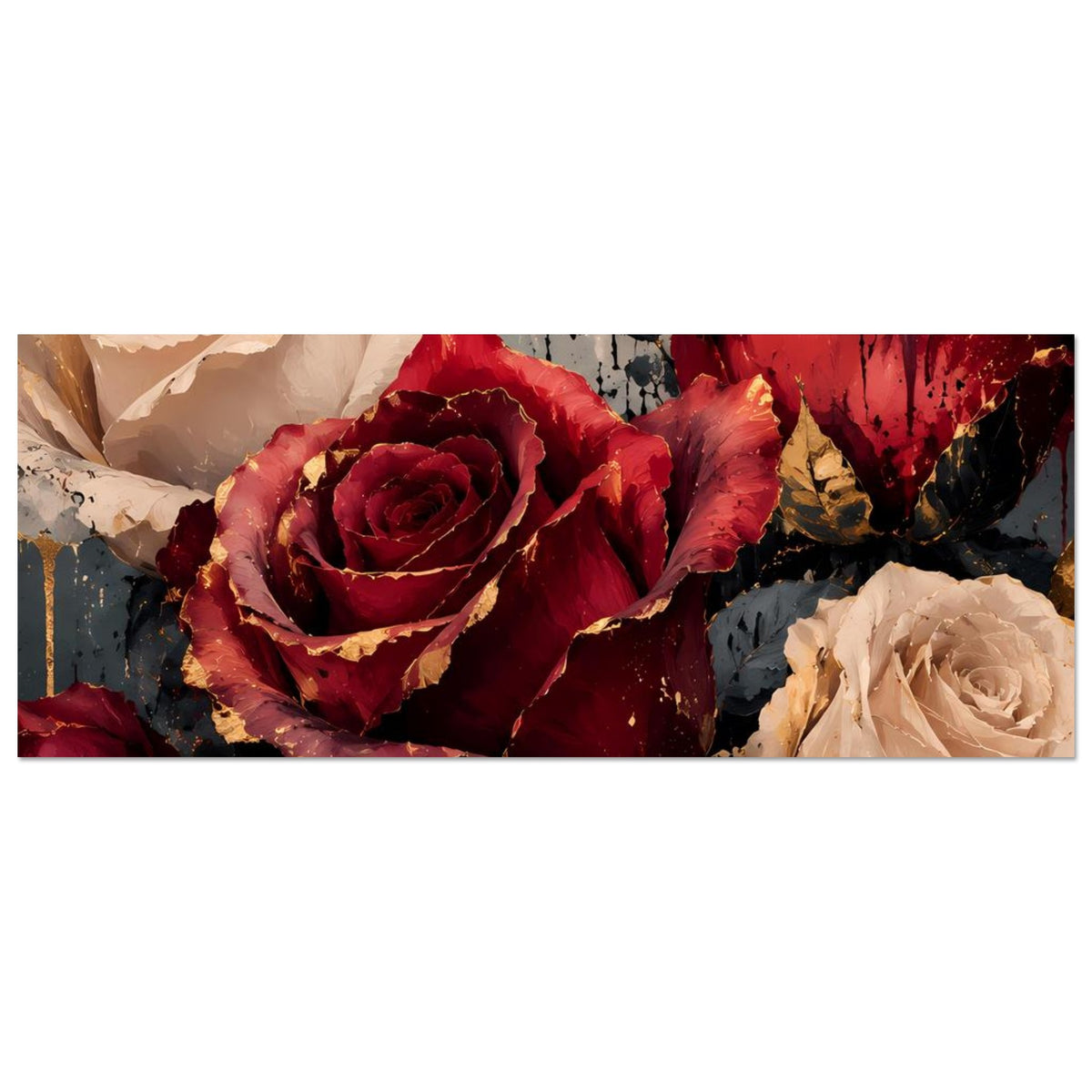 Horizontales Kunstposter mit Rosenmotiv in Bordeauxrot und Creme, goldene Farbakzente