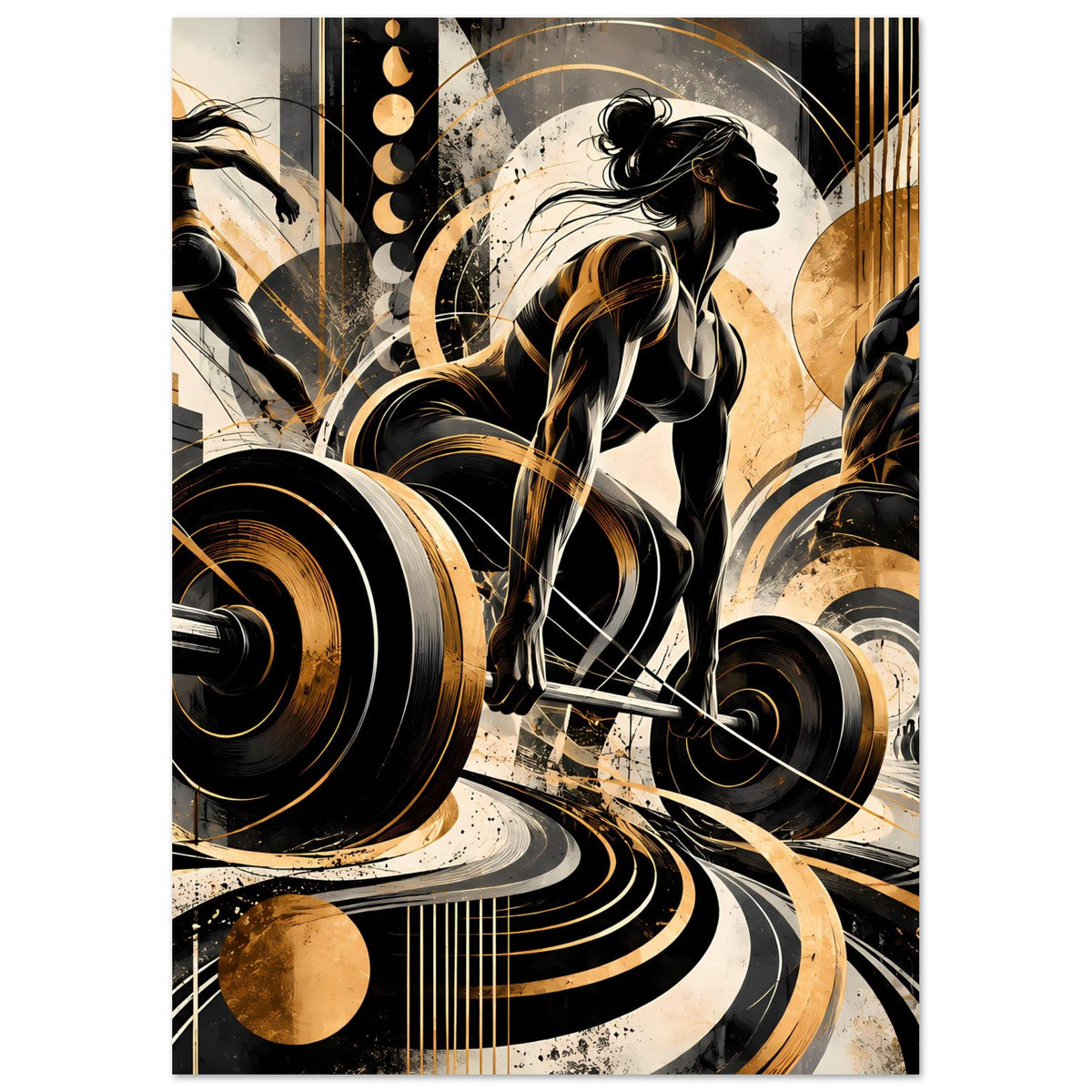 Fitness-Action-Poster mit Frauen-Silhouette, Hantelstange und kräftigen Gold-Schwarz-Akzenten