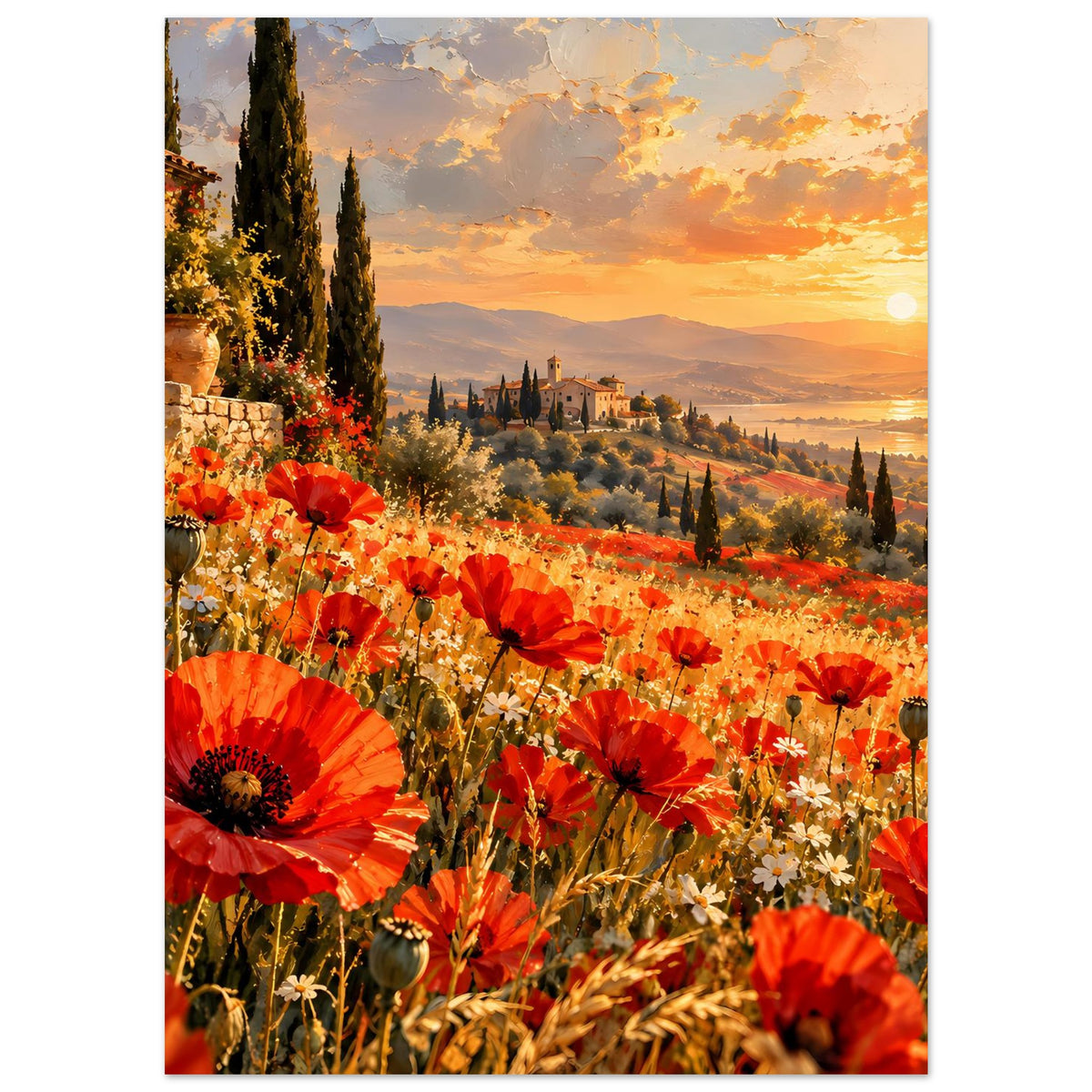 Poster mit Mohnblumen und Sonnenuntergang über Hügeln