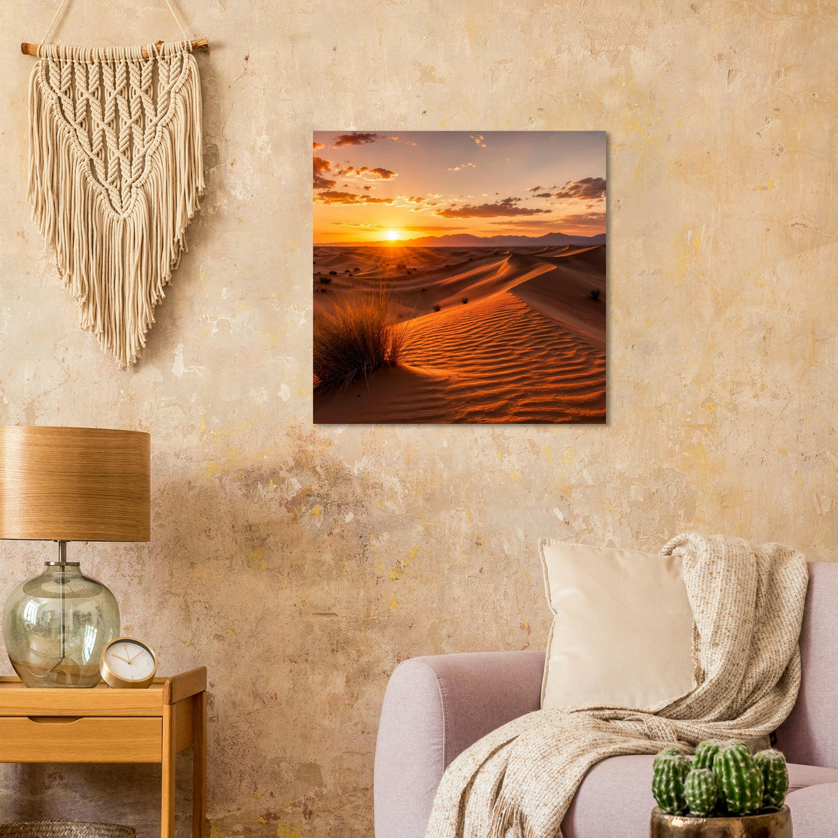 Quadratisches Wüstenposter mit tiefstehender Sonne und nackenartigen Dünenlinien