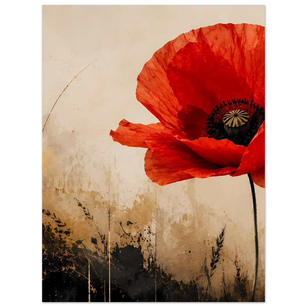 Poster mit roter Mohnblume, schwarzem Blütenkern und sichtbarem Stiel nach unten