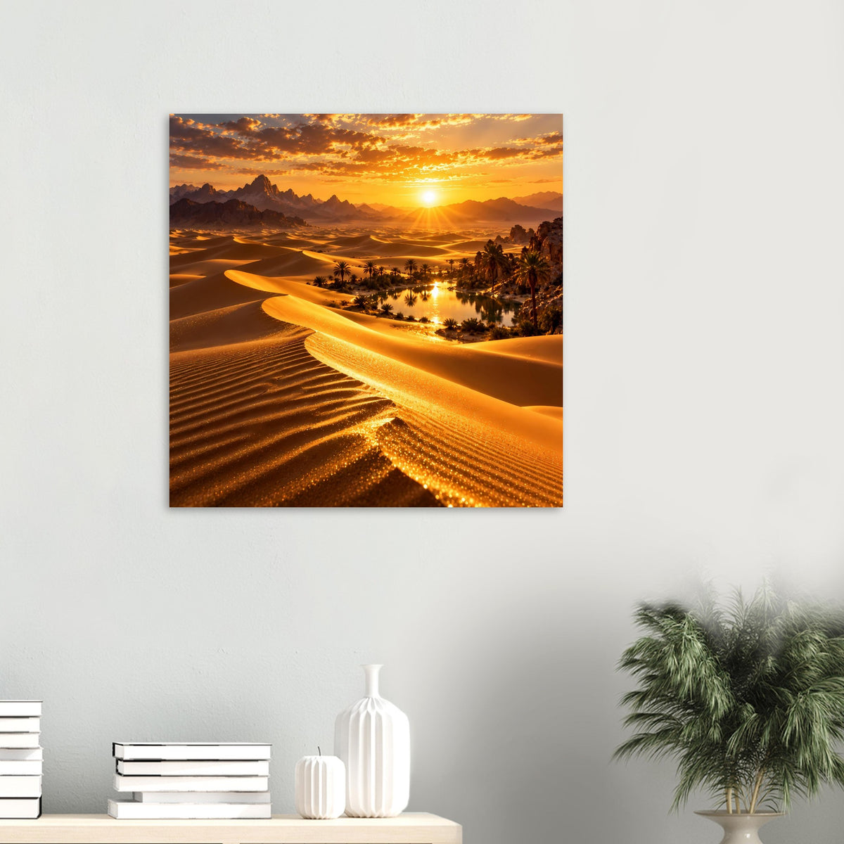 Quadratisches Poster mit Sonnenuntergang über goldenen Sanddünen und Dorf am Fluss