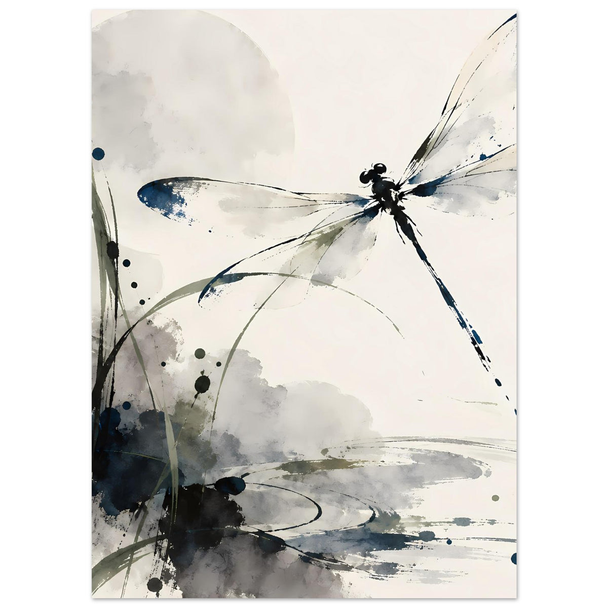 Aquarell-Poster mit Libelle in Blau und Grau, abstrakte Kreise und Spritzpunkte