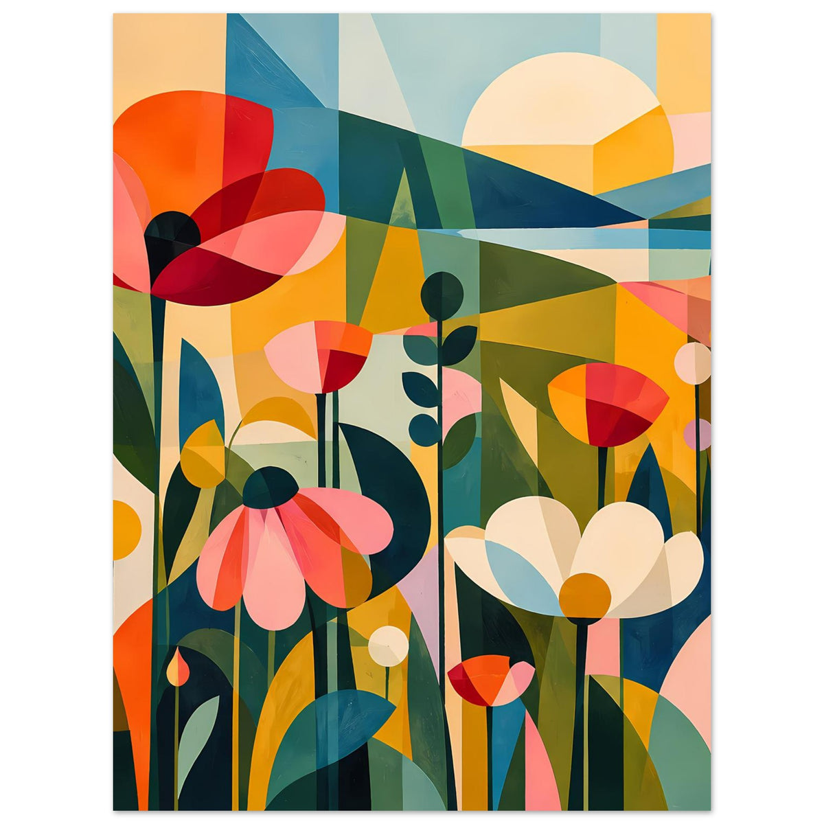 Blumenposter mit bunten abstrakten Blüten, Blättern und geschichteten Farbflächen im Hochformat.
